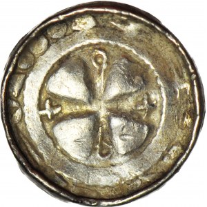 Denar krzyżowy XIw., odmiana z pastorałem pomiędzy ramionami krzyża