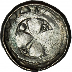 Denar krzyżowy XIw., odmiana z krzyżykami i kulami pomiędzy ramionami krzyża