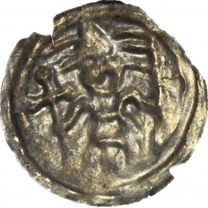 RR-, Brakteat nieokreślony XIIIw., Biskup w mitrze z krzyżem i proporcem