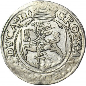 Zygmunt II August, Trojak 1563, Wilno, korona przedziela napis, z DG, piękny