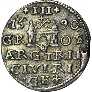 R-, Zygmunt III Waza, Trojak 1590 Ryga, duża głowa, Kop. R4