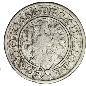 R-, Śląsk, Jerzy III, Ludwik IV i Chrystian, 3 krajcary 1656, Brzeg, bardzo rzadki typ orła na awersie