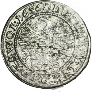 R-, Śląsk, Jerzy III, Ludwik IV i Chrystian, 3 krajcary 1656 Brzeg, bardzo rzadki i nietypowy ornament pod postaciami oraz sześcioramienna rozeta na rewersie