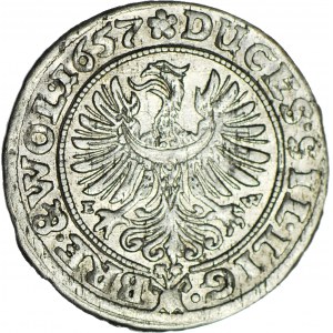 RR-, Śląsk, Jerzy III, Ludwik IV i Chrystian, 3 krajcary 1657, Brzeg, z nabitą dodatkową kropką na rewersie w literze L! w tej wersji nienotowany!