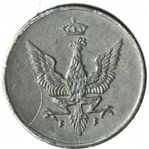 R-, Królestwo Polskie, 1 fenig 1918 FF, DESTRUKT - znaczne pęknięcie stempla na awersie