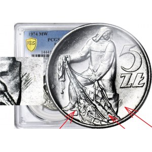 RR-, 5 złotych 1974, Rybak na TRAWCE, b rzadki