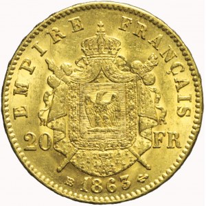 Francja, Napoleon III, 20 franków 1863 BB, Strasbourg, ładne