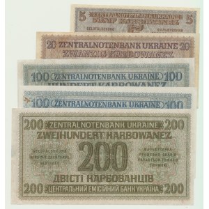 Lot 5 szt., Ukraina, 5, 20, 100, 100 i 200 karbowańców 1942
