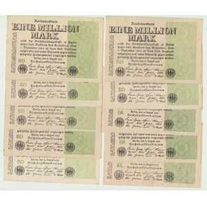 Lot 10 szt. Niemcy, 1 milion marek 1923, duże litery serii, ładne