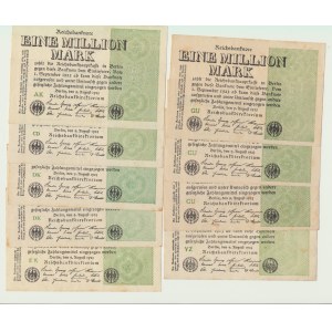 Lot 9 szt. Niemcy, 1 milion marek 1923, małe litery serii, ładne