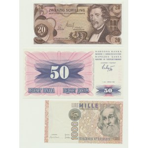 3 szt. Austria 20 szylingów 1967, Bośnia i Hercegowina 1000 Dinarów 1992, Włochy 1000 Lirów 1982