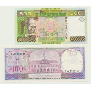 2 szt. Gwinea 500 centów 2017, Suriname 100 Guldenów 1985