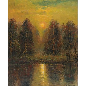 Wiktor KORECKI (1890-1980), Zachód słońca nad wodą i lasem, ok. 1970
