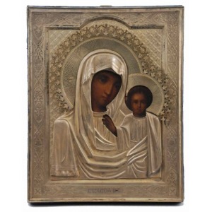 Ikona - “Matka Boska Kazańska”, w srebrnym okładzie