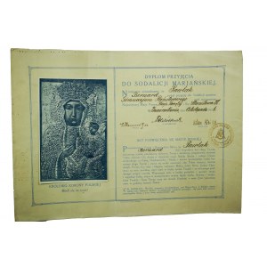 [SODALICJA MARIAŃSKA] Dyplom przyjęcia do Sodalicji Mariańskiej INOWROCŁAW 13.XI.1926r.
