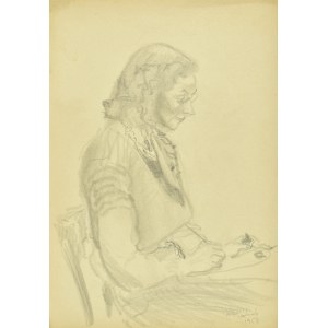 Kasper Pochwalski (1899-1971), Siedząca kobieta w okularach zajęta pisaniem lub malowaniem, 1953