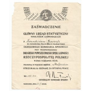 II RP, Zaświadczenie do odznaki Za Ofiarną Pracę 1931, pow. Stołpecki