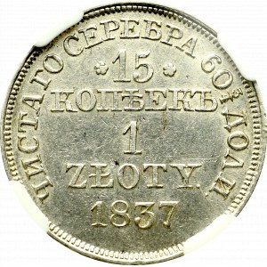 Zabór rosyjski, Mikołaj I, 15 kopiejek=1 złoty 1837 - NGC MS62