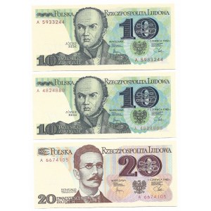 PRL, zestaw banknotów 10 i 20 złotych 1982 (3 egzemplarze)