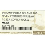 PRL, 10 złotych 1965 VII wieków Warszawy - Próba CuNi NGC MS65