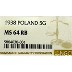 II Republic of Poland, 5 groschen 1938 - NGC MS64 RB