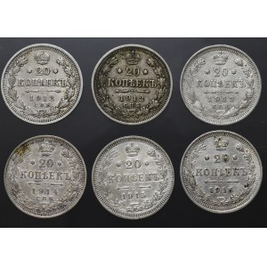 Russia, Nikola II, set 20 kopecks 1912-1916 (6pcs)