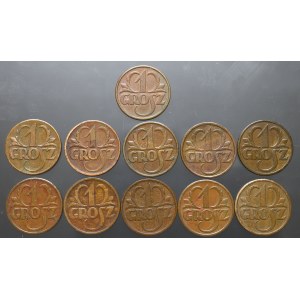 II RP, Kolekcja monet o nominale 1 grosz w tym 1930 (11 egzemplarzy)