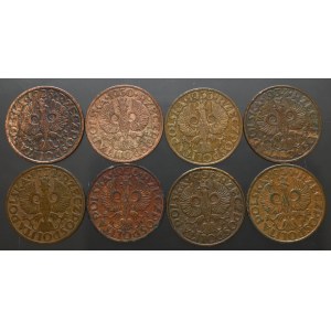 II RP, Kolekcja monet o nominale 2 grosze w tym 1930 i 1933(8 egzemplarzy)