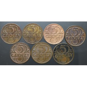 II RP, Kolekcja monet o nominale 5 groszy w tym rocznik 1934 (5 egzemplarzy)