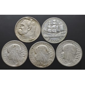 II RP, zestaw monet o nominale 2 złote (5 egzemplarzy)