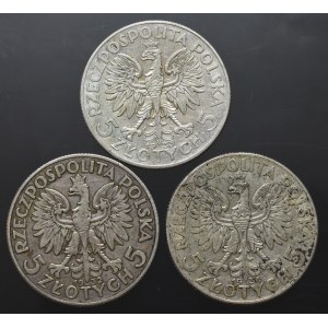 II RP, zestaw monet o nominale 5 złotych (3 egzemplarze)