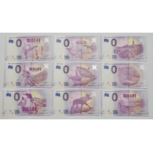 Zestaw 9 różnych banknotów o nominale 0 Euro