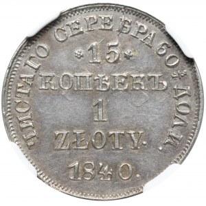 Poland under Russia, Nicholas I, 15 kopecks=1 zloty 1840 - NGC MS61