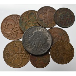 II Rzeczpospolita, zestaw monet w tym fals z epoki 2 złotych