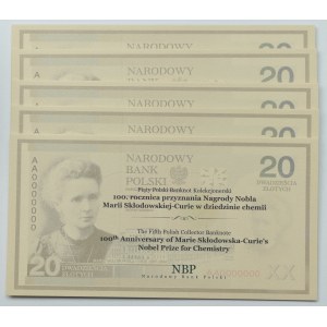 III RP, 20 zlotých, Maria Skłodowska-Curie - sada 5 výtisků