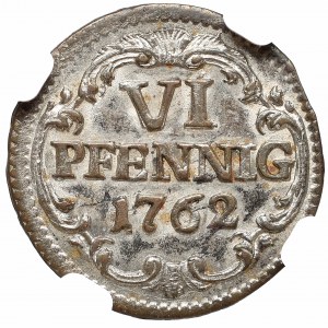 Niemcy, Saksonia, Fryderyk August II, 6 fenigów 1762 - NGC MS62