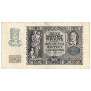 Warsaw Uprising 1944 , 20 zloty 1940 with overprint OKRĘG WARSZAWSKI/ DOWÓDZWO Z GRUP. IV