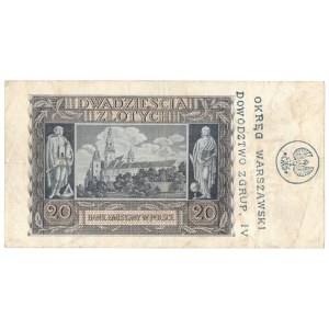 Warsaw Uprising 1944 , 20 zloty 1940 with overprint OKRĘG WARSZAWSKI/ DOWÓDZWO Z GRUP. IV