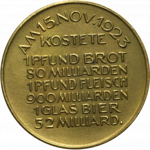 Niemcy, medal inflacyjny z 15 listopada 1923 roku pokazujący ceny żywności
