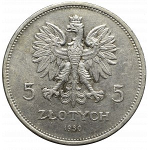 II Rzeczpospolita, 5 złotych 1930 Sztandar - HYBRYDA awers GŁĘBOKI SZTANDAR