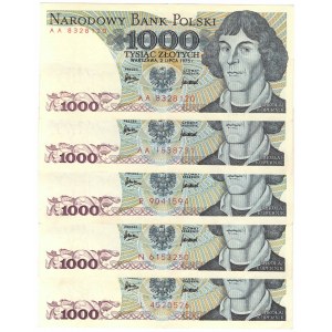 PRL, 1000 złotych 1975 - zestaw 5 egzemplarzy - Serie AA , L , N , R