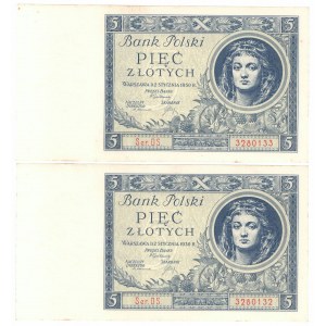 II RP, 5 złotych 1930 DS - zestaw 2 egzemplarzy, kolejne numery
