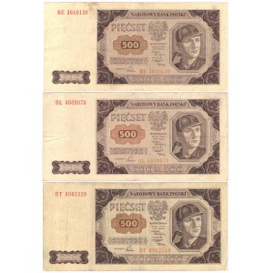 PRL, 500 złotych 1948 - zestaw 3 egzemplarze - Serie BT, BL, BE