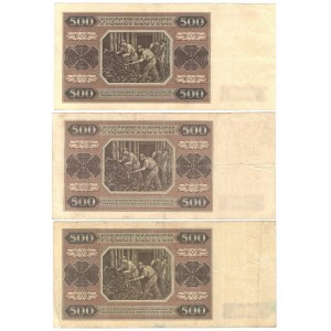 PRL, 500 złotych 1948 - zestaw 3 egzemplarze - Serie BT, BL, BE