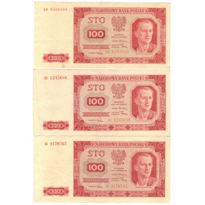 PRL, zestaw 100 złotych 1948 - 3 egzemplarze, małe litery, Serie : EB, EJ, DW