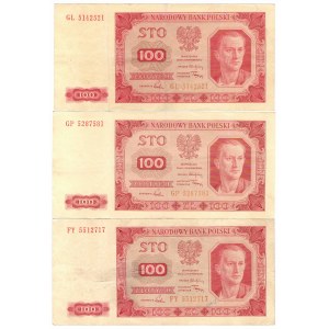 PRL, Satz von 100 Zloty 1948 - 3 Exemplare ohne Rahmen Serie: GL,GP,FY