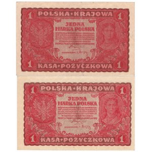 II RP, 1 marka polska 1919 zestaw 2 egzemplarzy I SERIA GP i AW