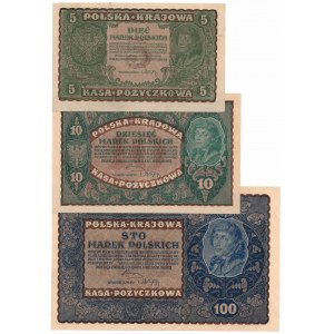 II RP, Set of 5, 10, 100 Polish marks 1919 set of 3 pieces