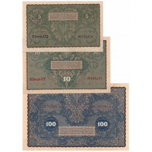II RP, sada 5, 10, 100 polských marek 1919 sada 3 výtisků
