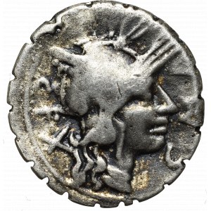 Roman Republic, Gaius Publicius Malleolus- Lucius Licinius Crasii- Gneius Domitius Ahenobarbi, Denarius serratus